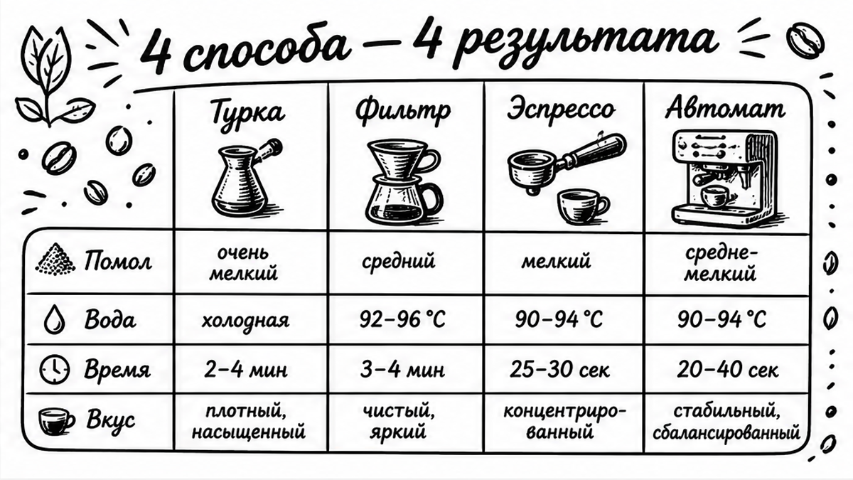 Сравнительная таблица: способ приготовления и что смотреть в зерне