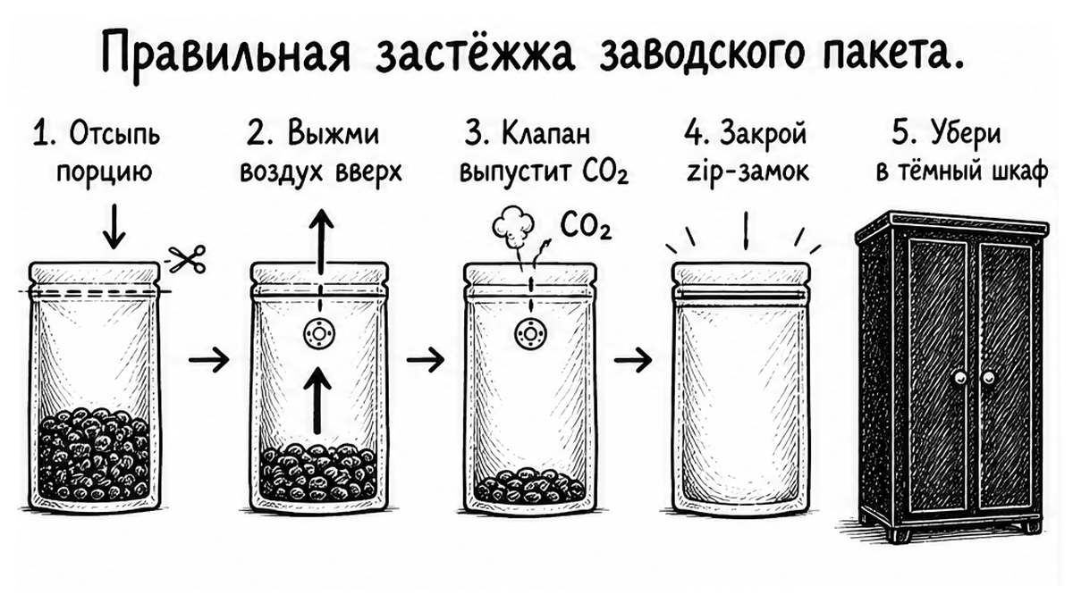 Заводской пакет с дегазационным клапаном и zip-замком для хранения кофе